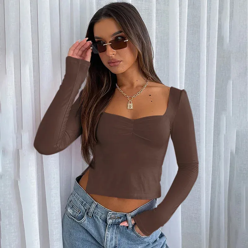 Square Neck Crop Spring Summer Fashion Long Sleeve Side Split Women's T-shirt