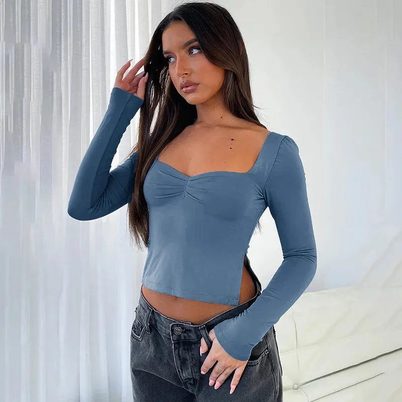 Square Neck Crop Spring Summer Fashion Long Sleeve Side Split Women's T-shirt