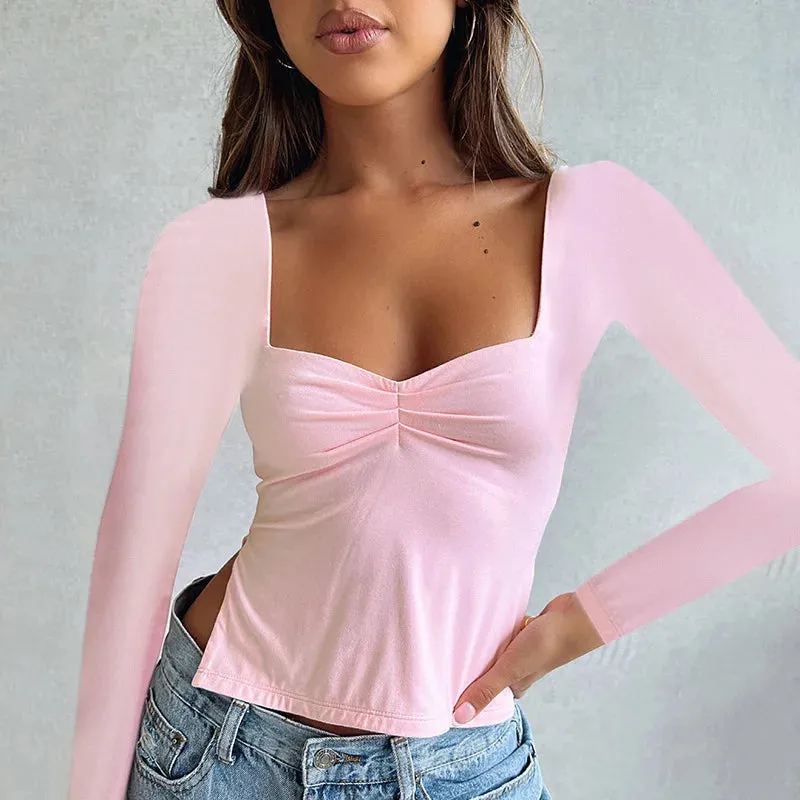 Square Neck Crop Spring Summer Fashion Long Sleeve Side Split Women's T-shirt