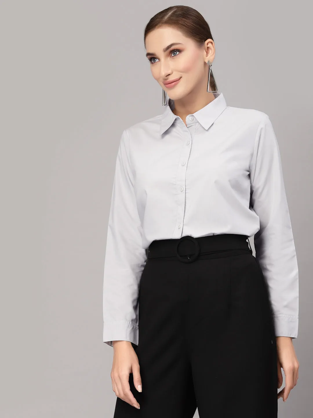 Style Quotient Women Solid Grey Cotton Regular Formal Shirt