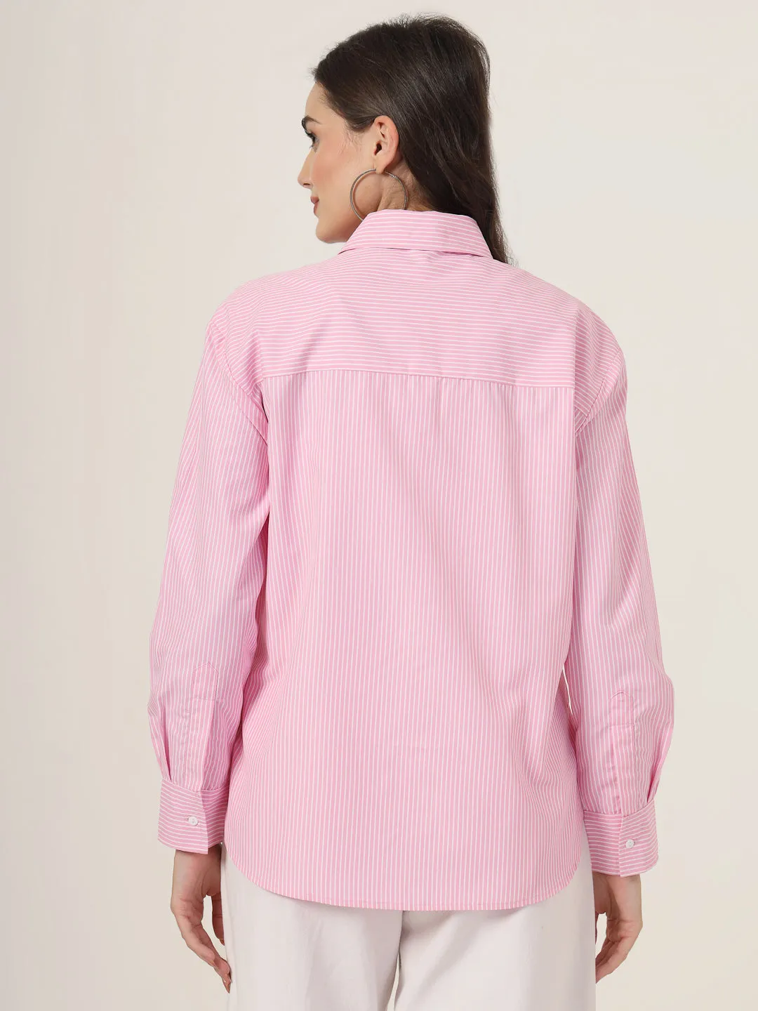 Style Quotient Women Solid Pink And White Smart Casual Oversized Polycotton Shirt