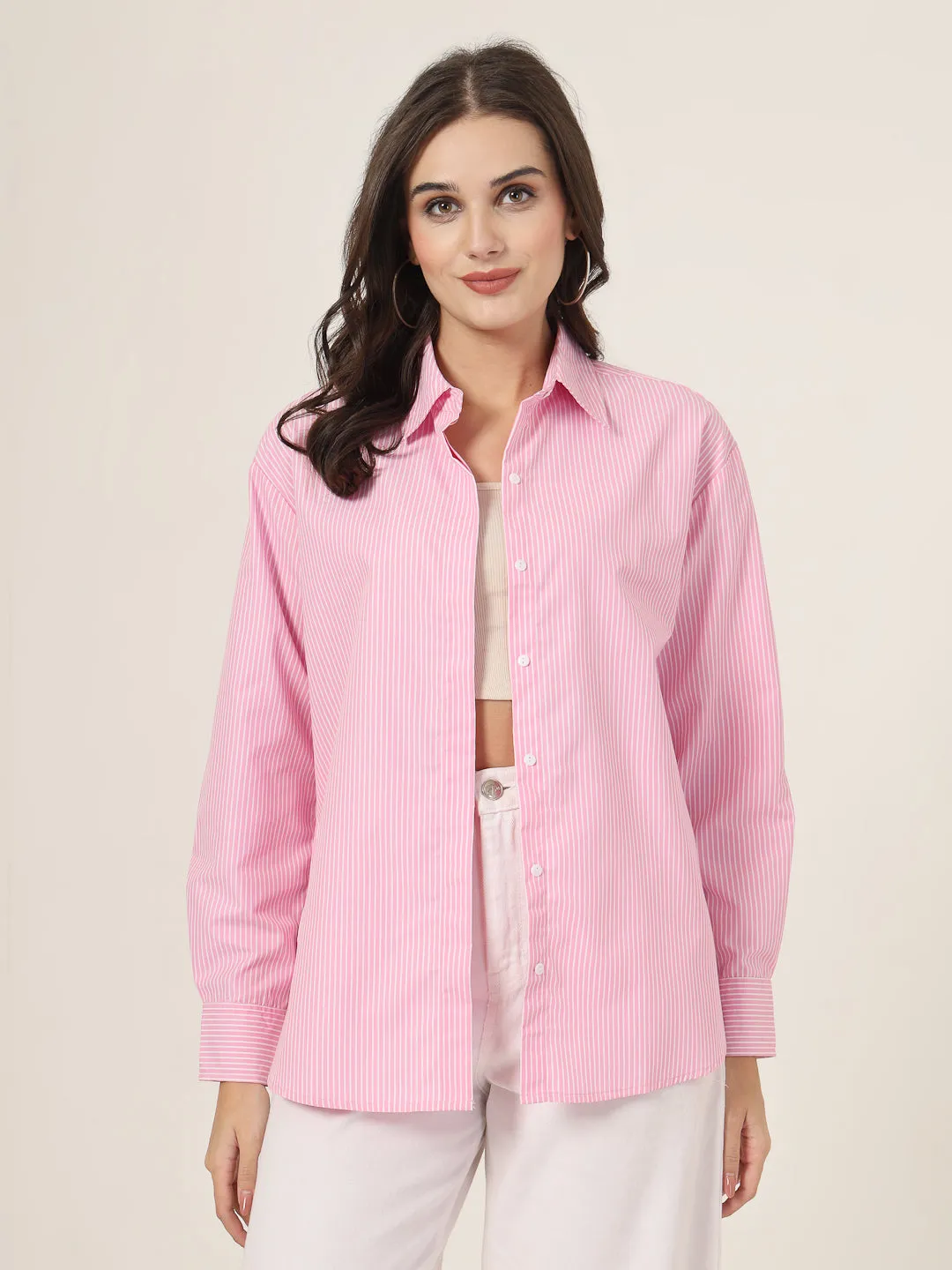 Style Quotient Women Solid Pink And White Smart Casual Oversized Polycotton Shirt