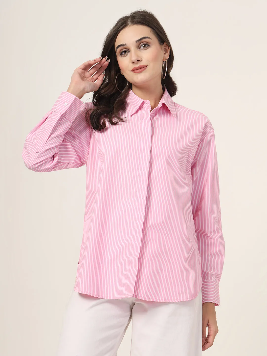 Style Quotient Women Solid Pink And White Smart Casual Oversized Polycotton Shirt