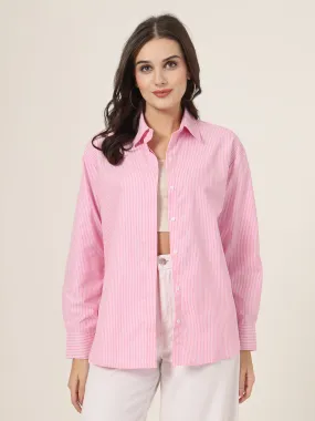 Style Quotient Women Solid Pink And White Smart Casual Oversized Polycotton Shirt