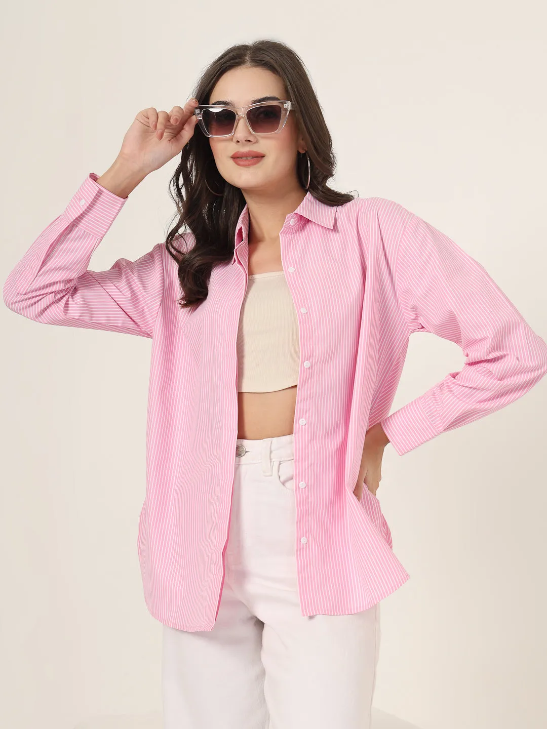 Style Quotient Women Solid Pink And White Smart Casual Oversized Polycotton Shirt