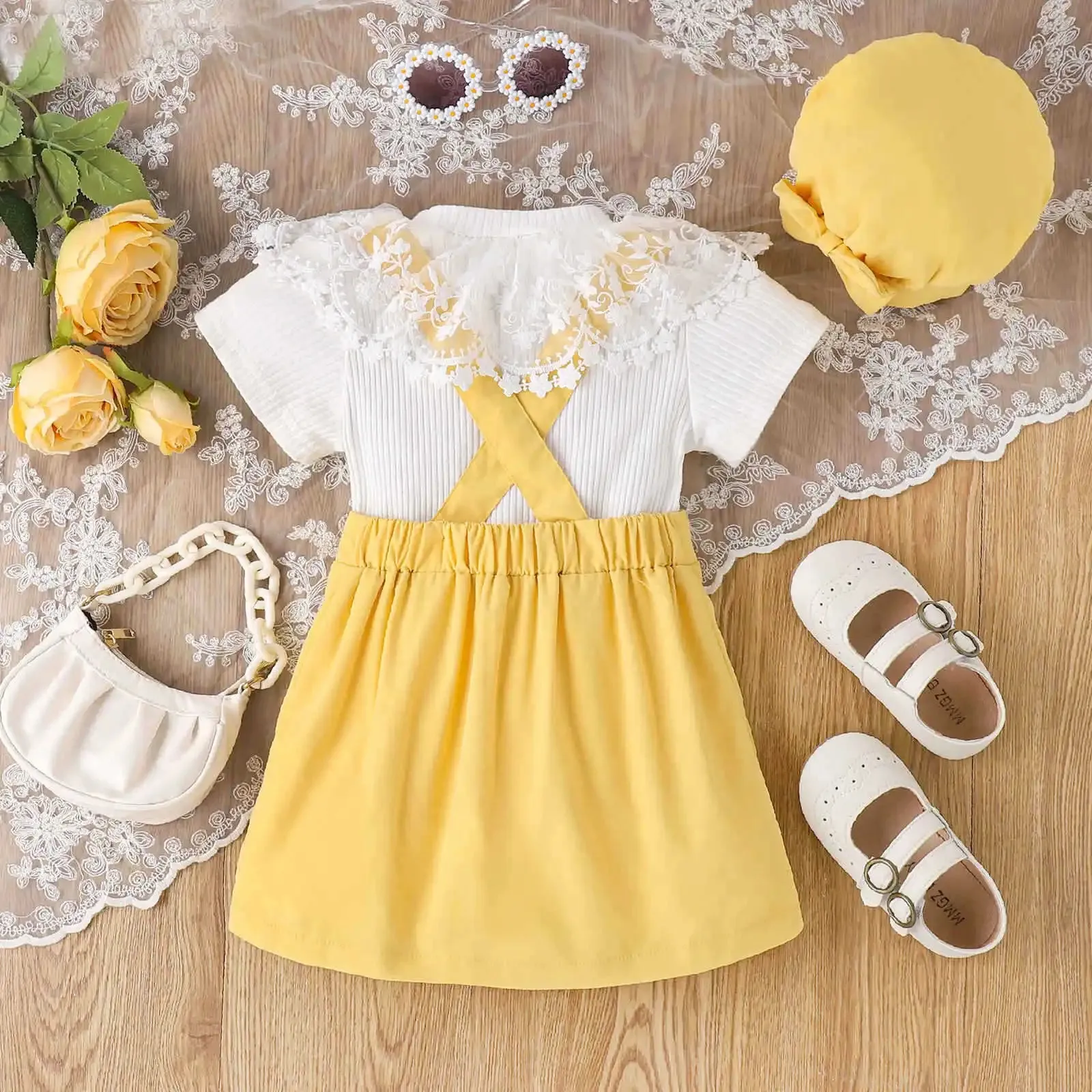 Summer Fashion Girls Lace Doll Neck Short Sleeved Tops Strap Skirt Hat