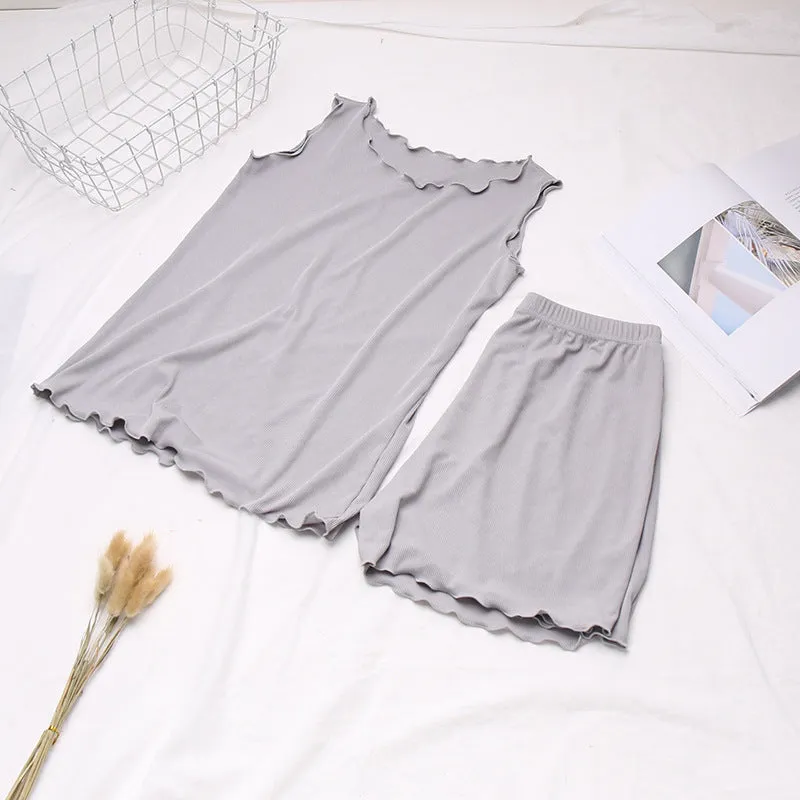 Tank Top Shorts Two-Piece Sets Summer Home Pajamas Ruffle Casual Breathable Women Sleeveless Tops Sleepwear