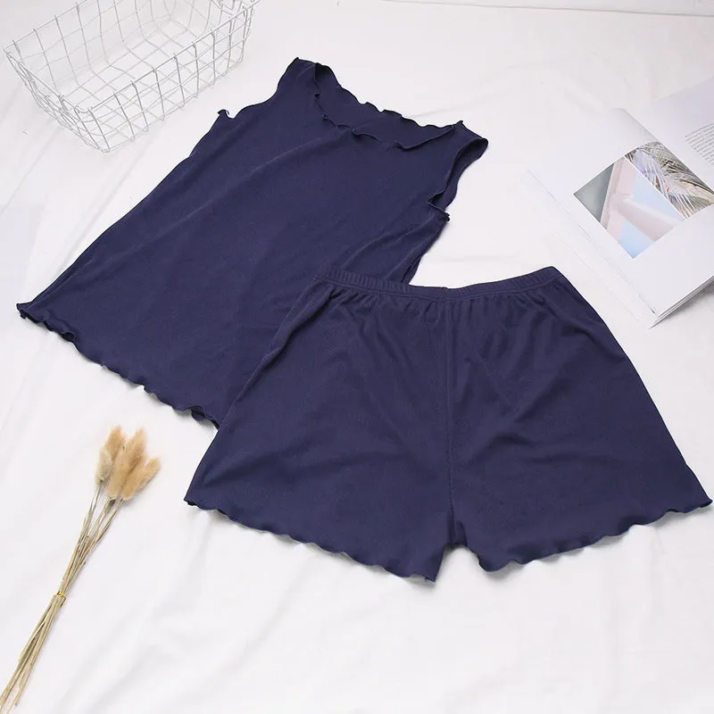 Tank Top Shorts Two-Piece Sets Summer Home Pajamas Ruffle Casual Breathable Women Sleeveless Tops Sleepwear