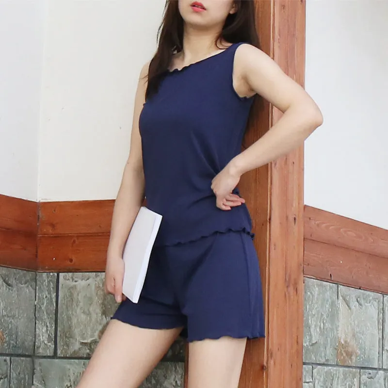 Tank Top Shorts Two-Piece Sets Summer Home Pajamas Ruffle Casual Breathable Women Sleeveless Tops Sleepwear