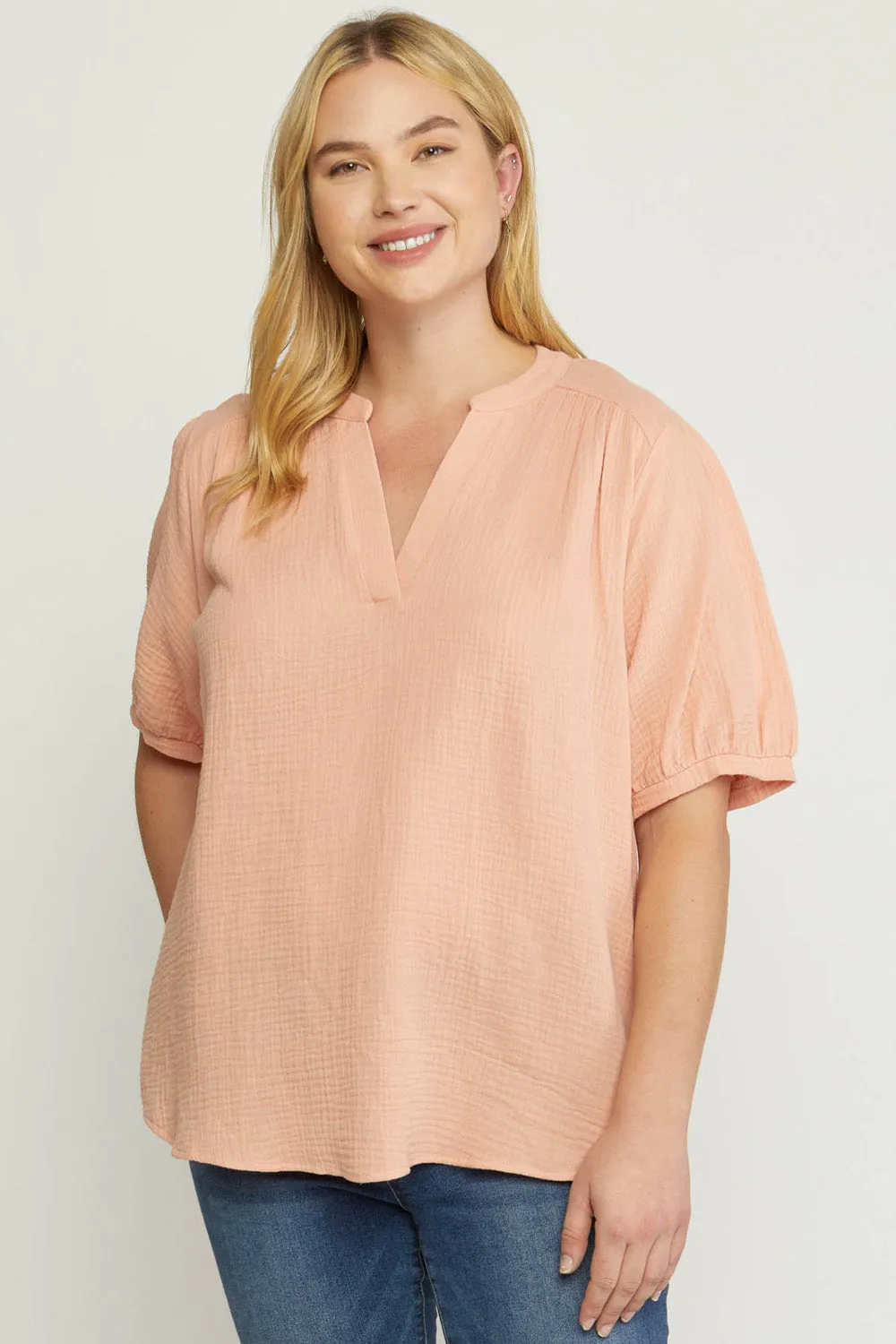 Textured Cotton Gauze Top, Peach