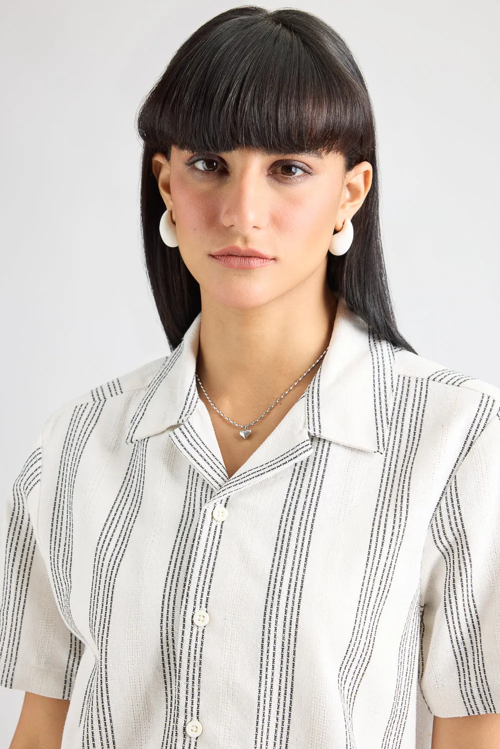 Textured Knit Women's Shirt- White/Black Thick Stripe