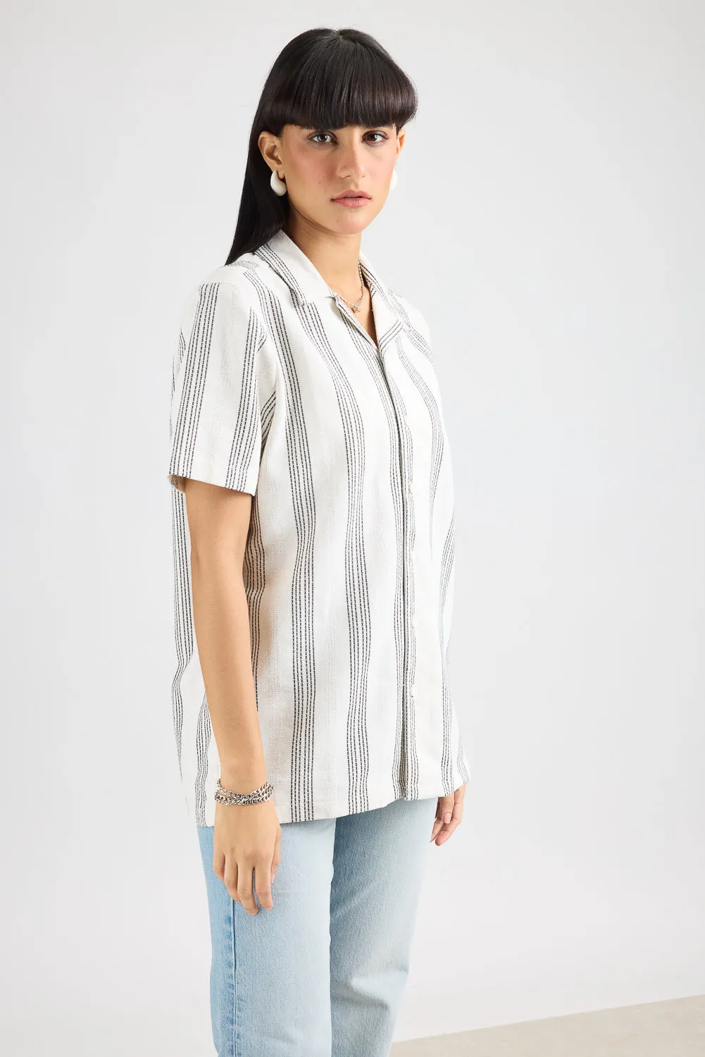 Textured Knit Women's Shirt- White/Black Thick Stripe