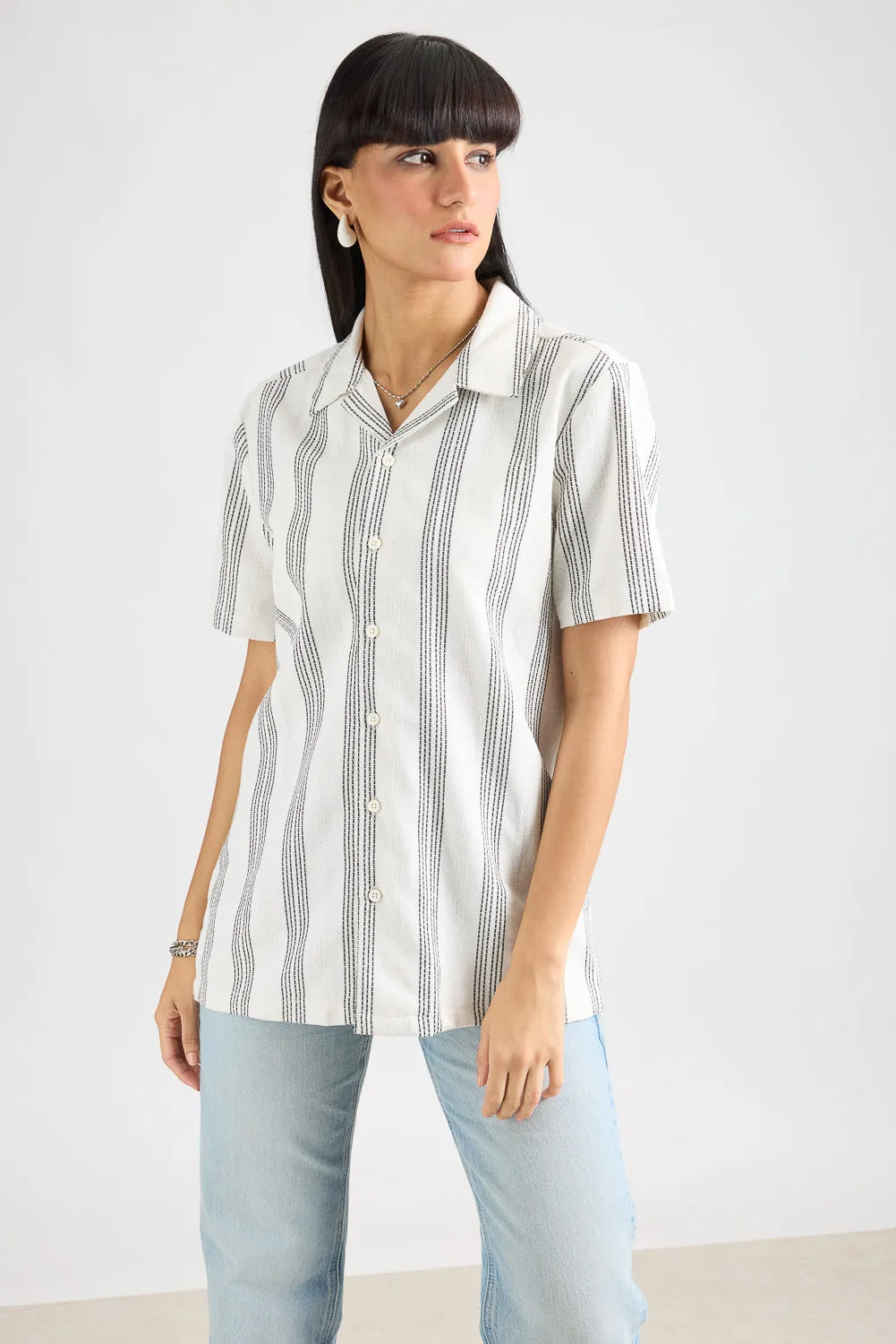 Textured Knit Women's Shirt- White/Black Thick Stripe