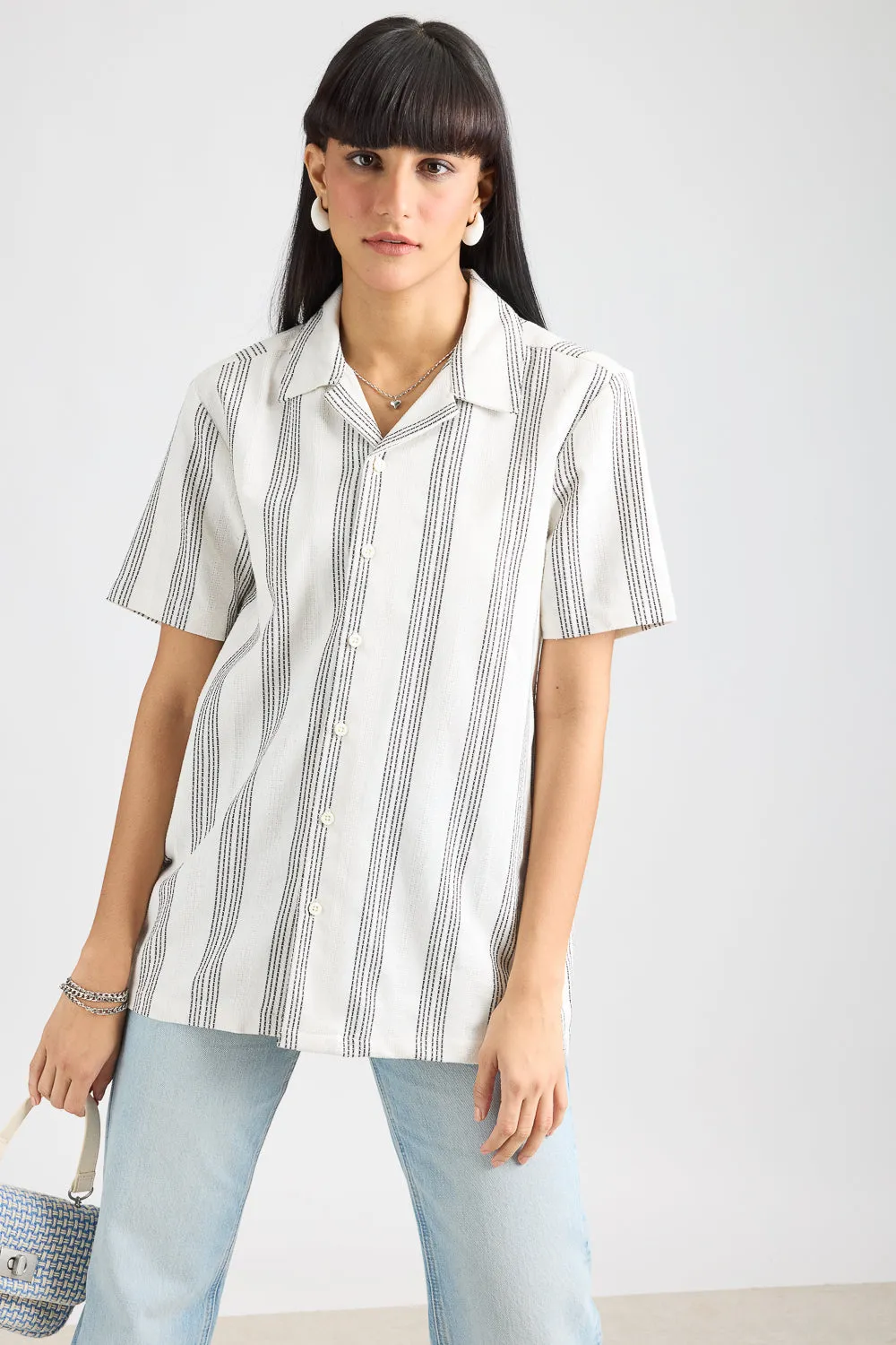 Textured Knit Women's Shirt- White/Black Thick Stripe