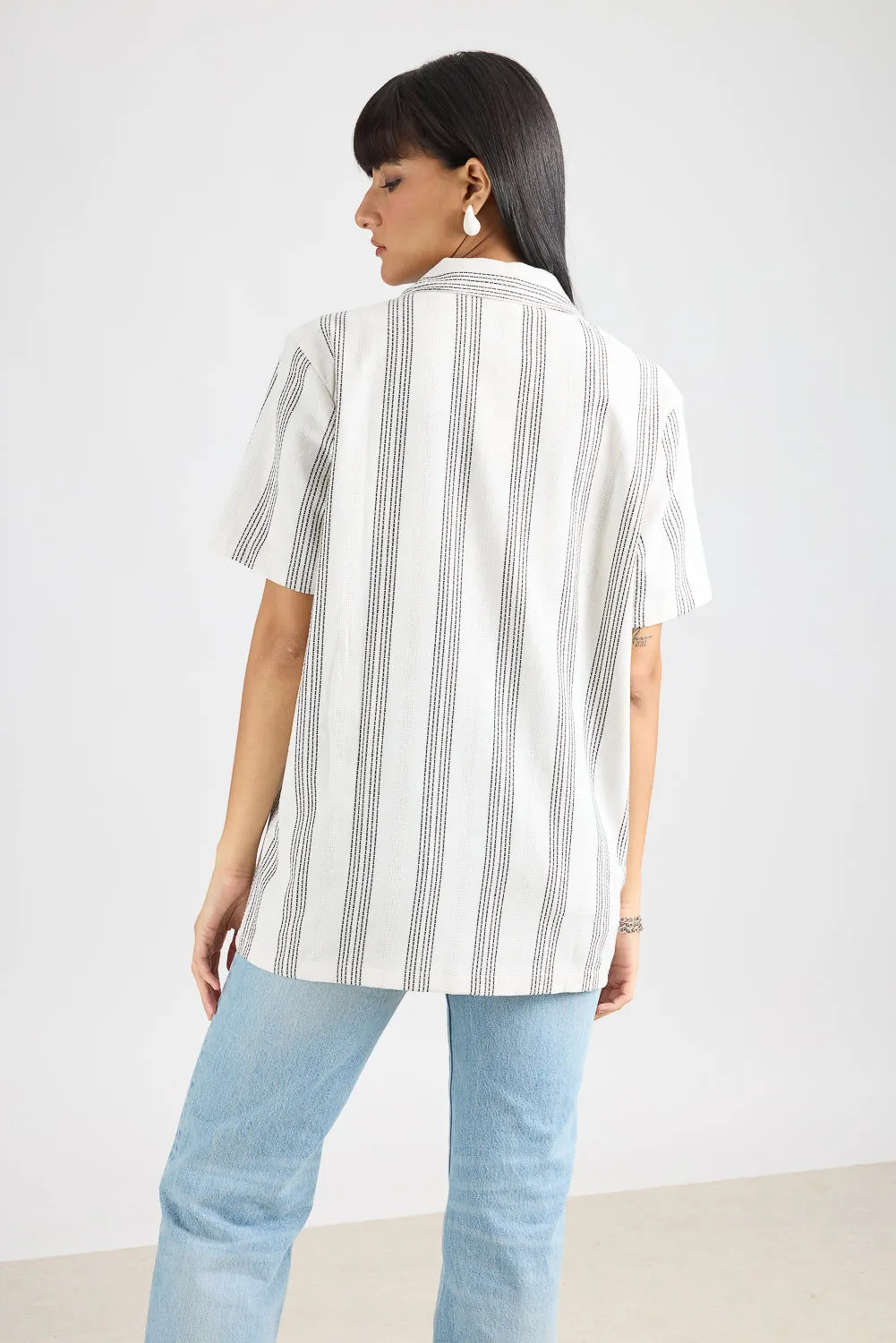 Textured Knit Women's Shirt- White/Black Thick Stripe