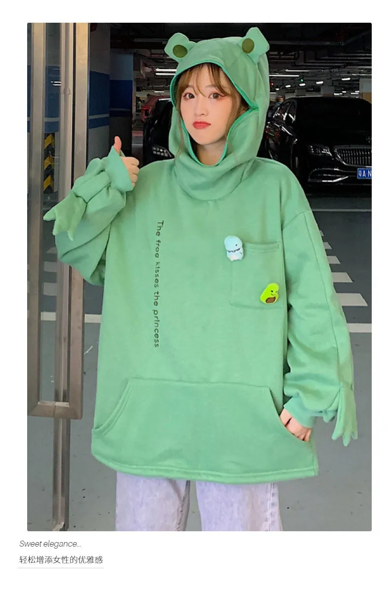 Thick Trendy Niche Green Hooded Sweatshirt Women ins Korean Loose Slim Look Tops Outerwear