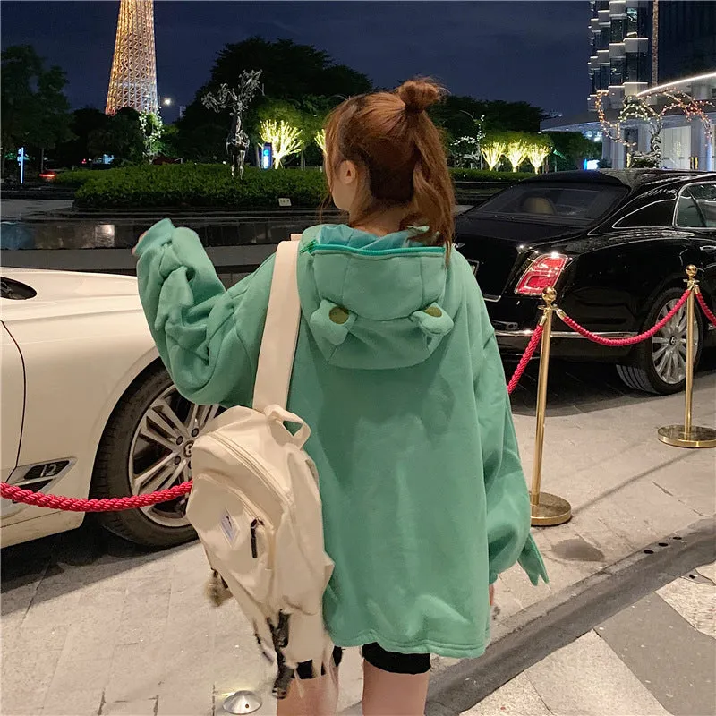 Thick Trendy Niche Green Hooded Sweatshirt Women ins Korean Loose Slim Look Tops Outerwear