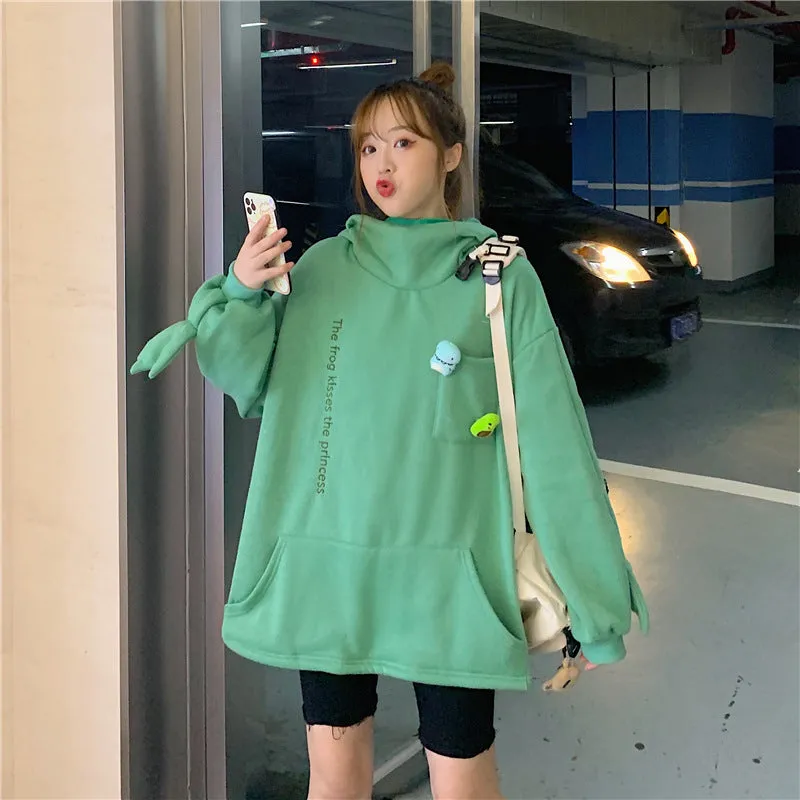 Thick Trendy Niche Green Hooded Sweatshirt Women ins Korean Loose Slim Look Tops Outerwear