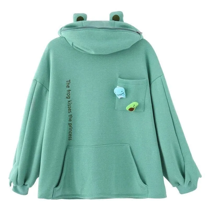 Thick Trendy Niche Green Hooded Sweatshirt Women ins Korean Loose Slim Look Tops Outerwear