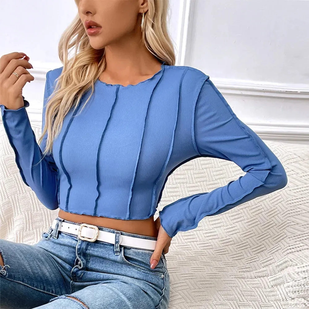 Tight Casual Slim Fit O-neck Long Sleeve Black Ribbed Tee Shirt Women's Spring Fashion T-shirt