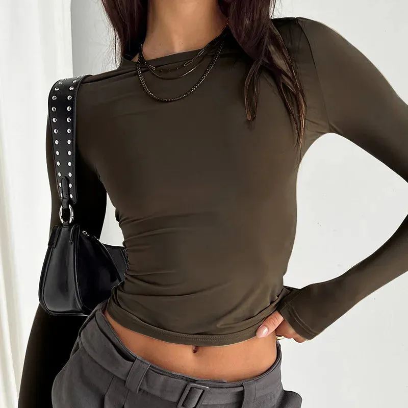 Tight Long Sleeve Spring Casual Solid Color Round Neck Women's T-shirt