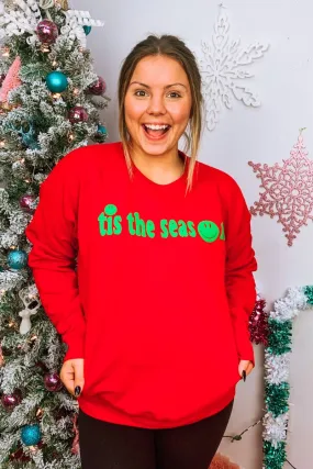 Tis The Season Happy Face Puff Vinyl Heavy-weight Crew Sweatshirt