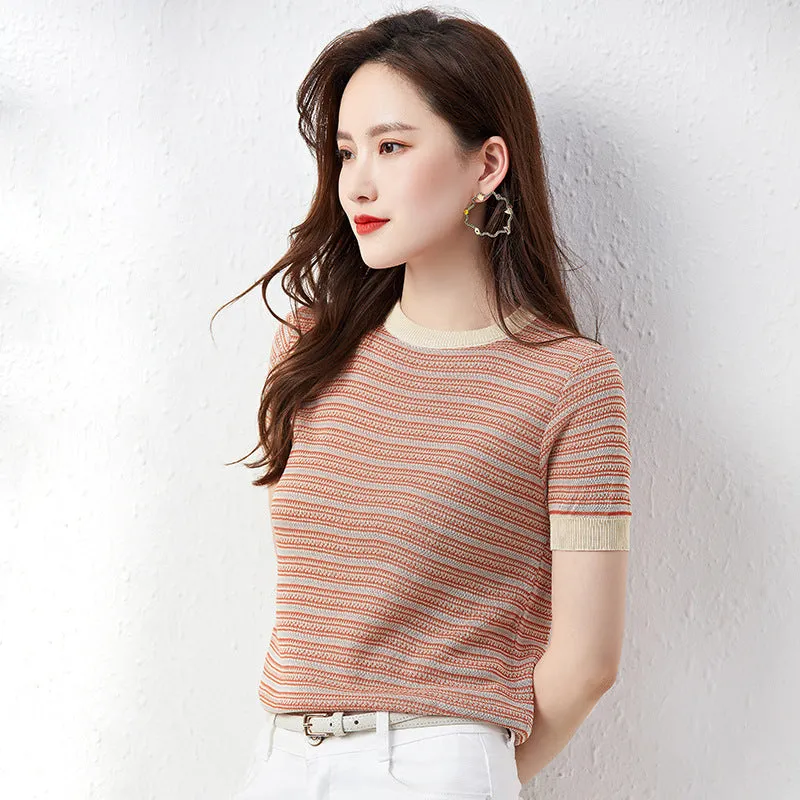 V-Neck Striped Short Sleeve Thin Sweater Women Korean Round-Neck Trendy Color-Matching T-Shirt Tops T-Shirt