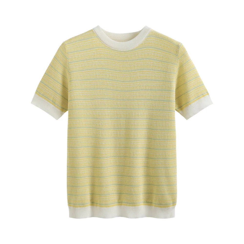 V-Neck Striped Short Sleeve Thin Sweater Women Korean Round-Neck Trendy Color-Matching T-Shirt Tops T-Shirt