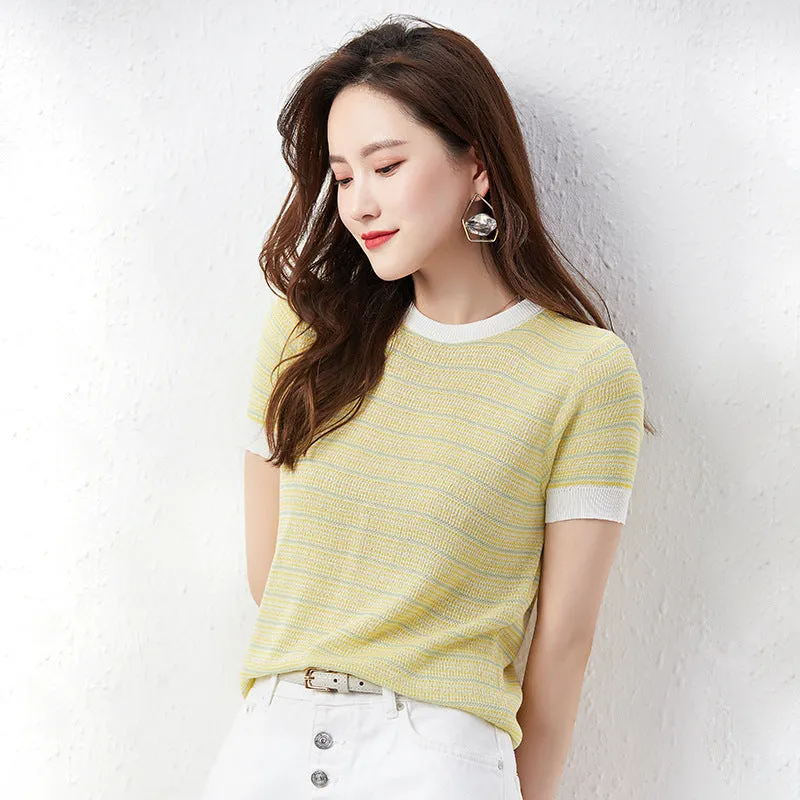 V-Neck Striped Short Sleeve Thin Sweater Women Korean Round-Neck Trendy Color-Matching T-Shirt Tops T-Shirt