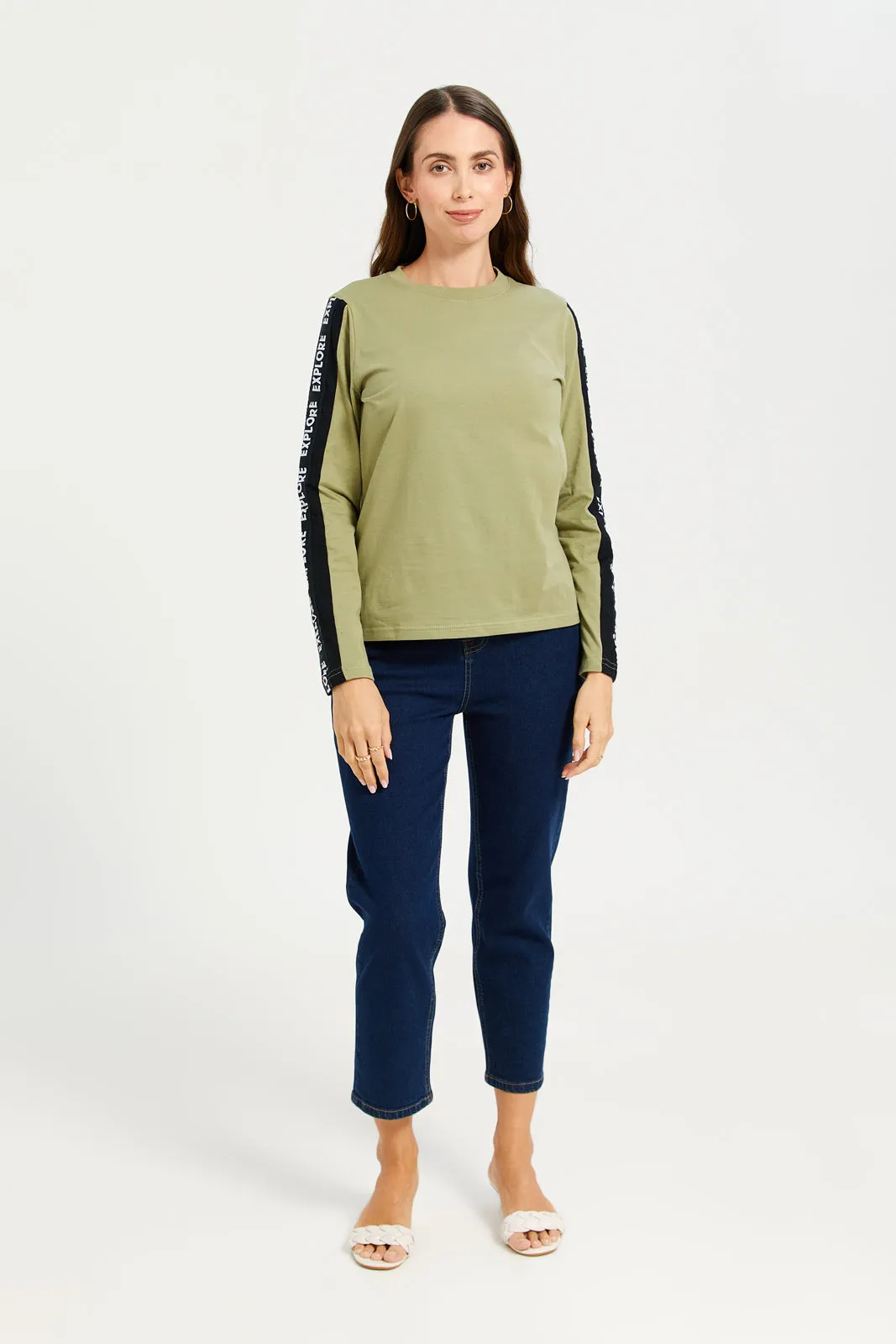 Women Olive Long Sleeves T-shirt