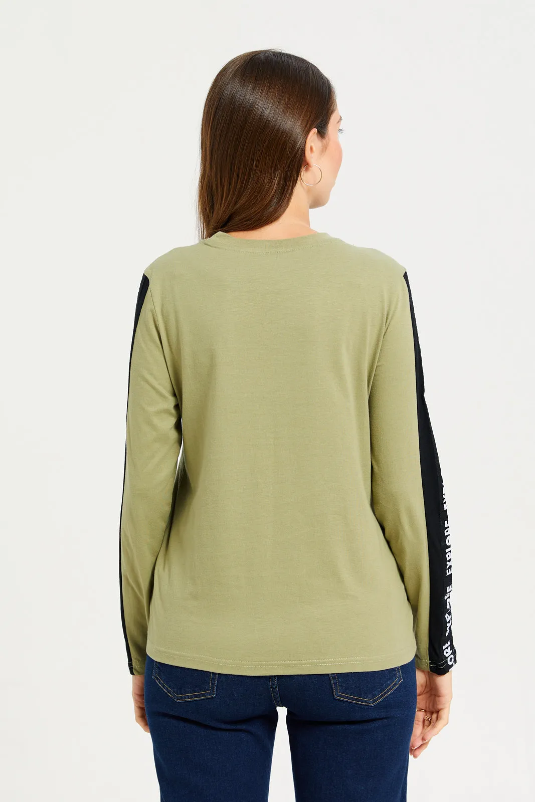 Women Olive Long Sleeves T-shirt