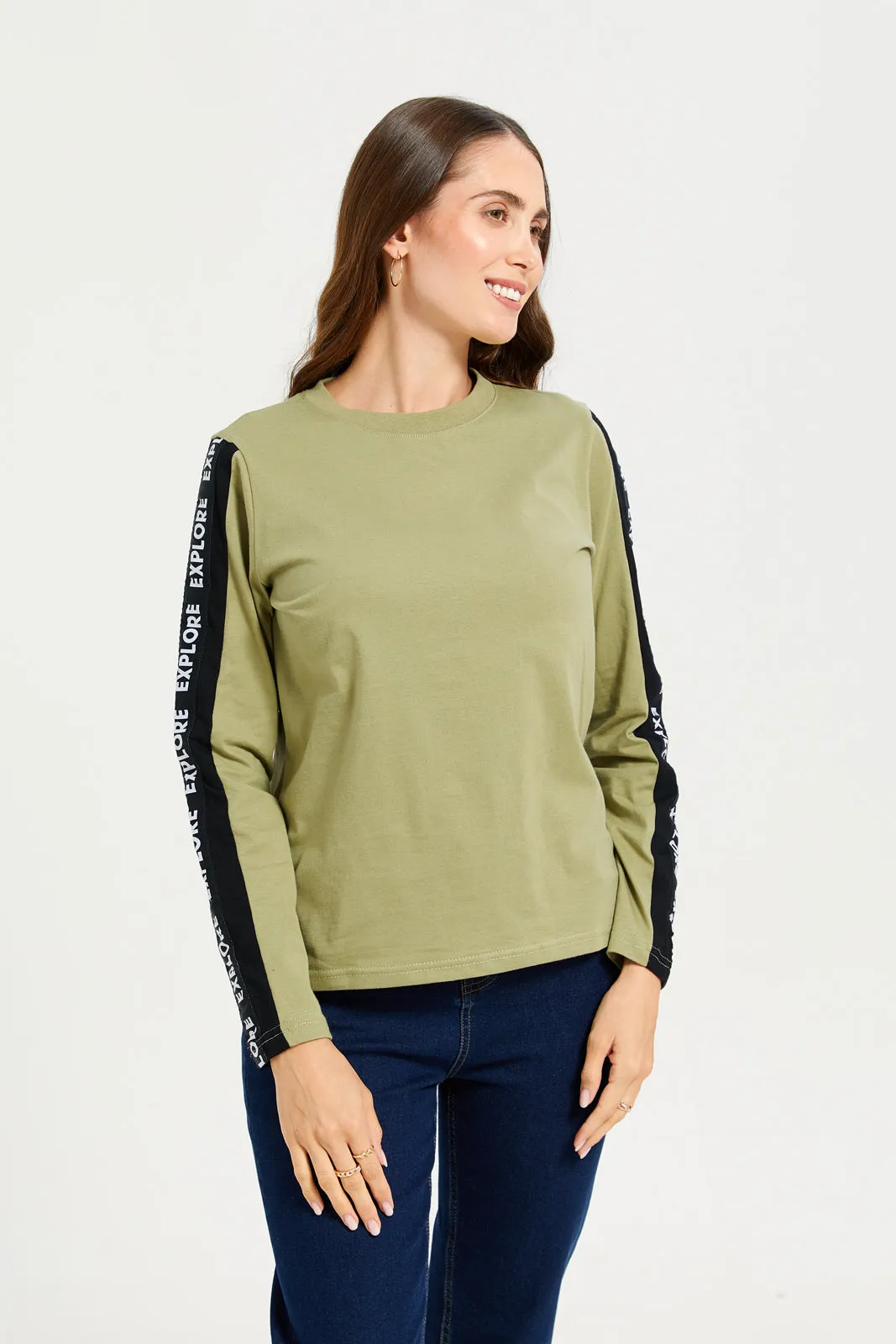 Women Olive Long Sleeves T-shirt