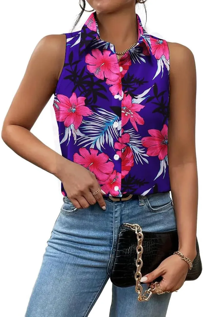 Zeagoo Sleeveless Blouses for Women Summer Casual Button Down Shirts Flower Tank Tops Fashion