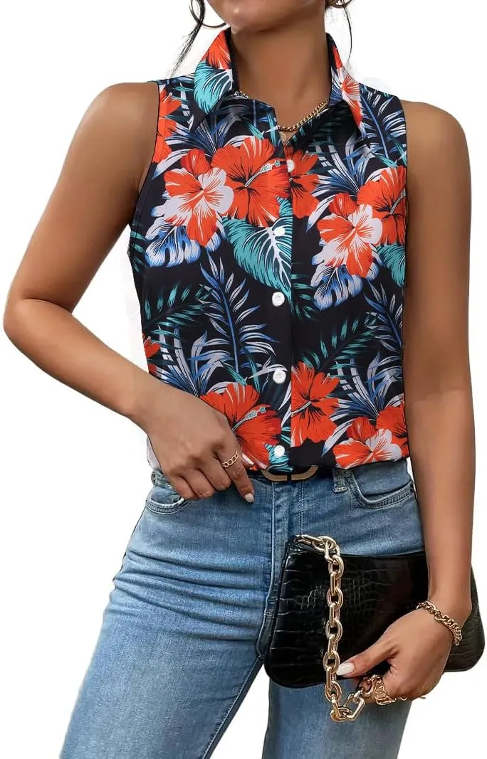 Zeagoo Sleeveless Blouses for Women Summer Casual Button Down Shirts Flower Tank Tops Fashion